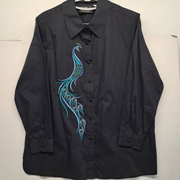 Bob Mackie Tops - Bob Mackie Wearable Art Embroidered Peacock Black Button Down Shirt Women's XL